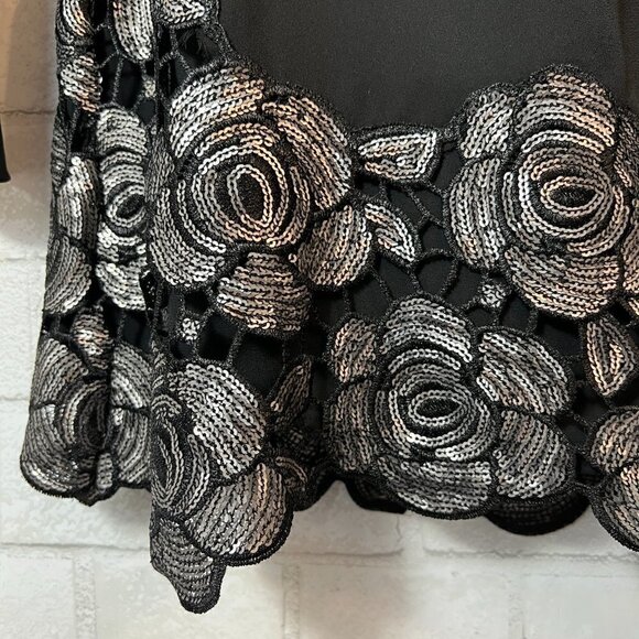 Marciano Black Long Bell Sleeve‎ Sequin Silver Roses Dress XS - Picture 3 of 5